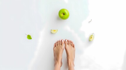 a woman's feet with green apples on the ground and the words apple on the bottom, Generative AI iluustrations.