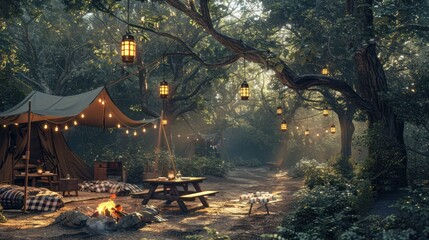 Obraz premium A stone barbecue pit is the center of a rustic campsite in a dense forest, with campers around it.