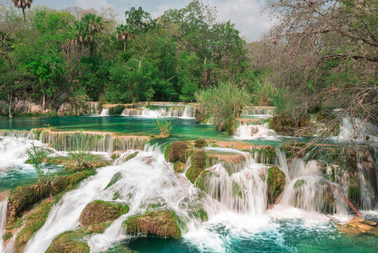Beautiful waterfall of El Salto del Meco in San Luis Potosi, in the Huasteca Mexico vacation river
