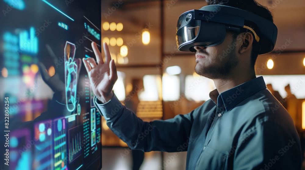 Aufkleber a businessman using a virtual digital business management system through augmented reality technolog