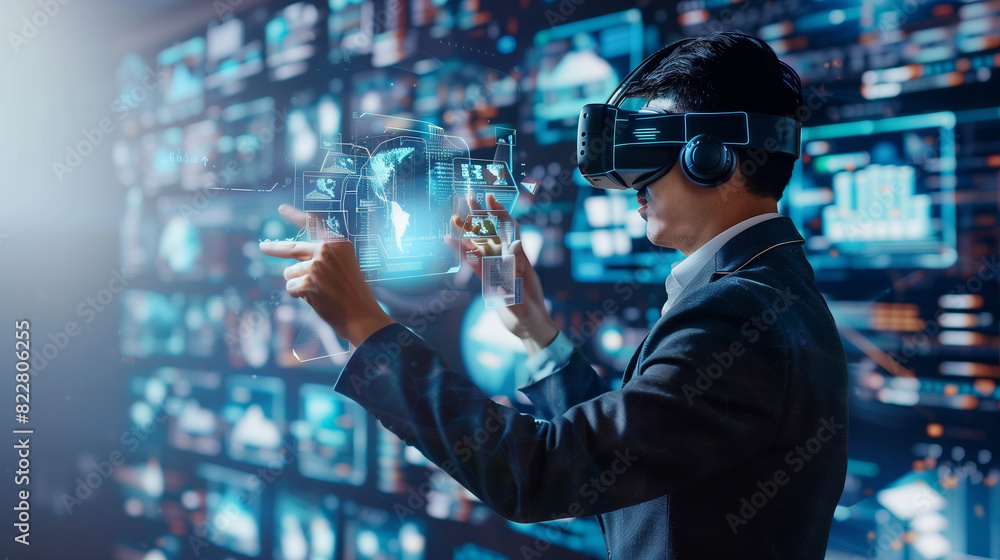 Poster a businessman using a virtual digital business management system through augmented reality technolog