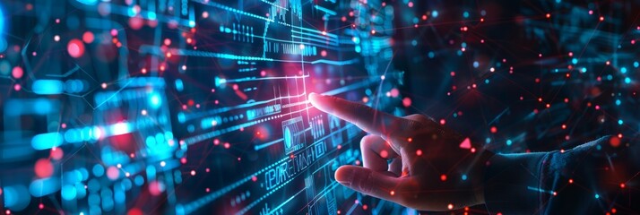 Digital technology, internet network connection concept. Finger touching on virtual screen with futuristic technology background, data exchange, digital transformation