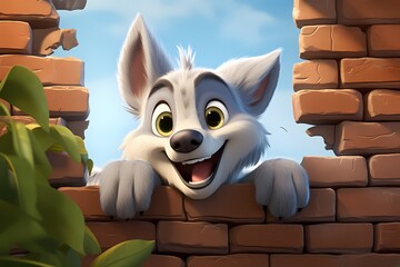 Cute cartoon wolf peeking over the wall