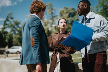 Three young business professionals engage in a focused discussion outdoors, holding documents and...