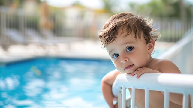 Baby leaning on swimming pool fence protection. Infant standing on safety gate