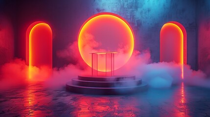 Abstract geometric shapes creating a layered backdrop with a central podium, with fog adding a mysterious touch to the presentation. Illustration image,