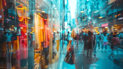 Blurred motion of a busy city street with vibrant shop windows and people passing by, creating a dynamic urban atmosphere.