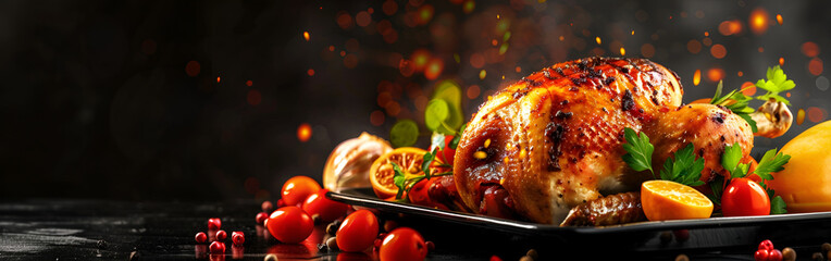 Crispy baked chicken with rosemary tradition centerpiece warmth season tradition feast with blurred background
