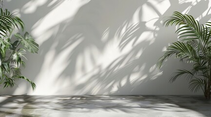 Wall with white color and some palm leaves, 3d render, abstract background in studio, photorealistic, soft shadow, natural light, high resolution photography