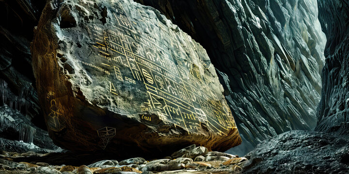The Ancient Lore of the Forgotten Lands: A towering, intricately carved stone pillar, standing amidst the dimly lit depths of a mysterious underground chamber, its surface covered in cryptic symbols a