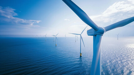 A wind farm is shown in the ocean with a blue sky in the background