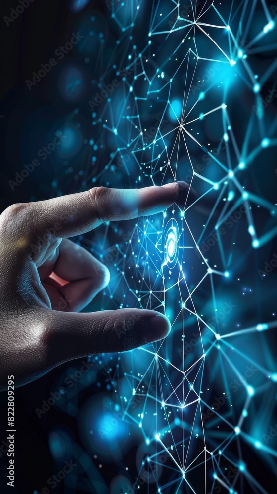 Poster digital technology, internet network connection concept. finger touching on virtual screen with futu