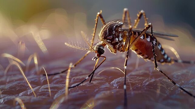 mosquitos land on the human skin and suck on human blood