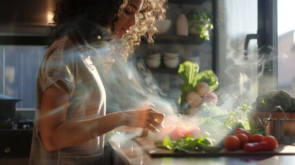 A busy entrepreneur manages to maintain a healthy lifestyle despite her hectic schedule thanks to her trusty augmented reality cooking assistant that provides personalized meal plans