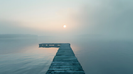 Calm morning with a tranquil sunrise over a misty lake with a wooden pier
