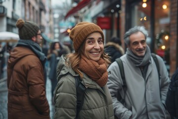 Portrait of a smiling young woman in a hat and scarf standing on a city street.