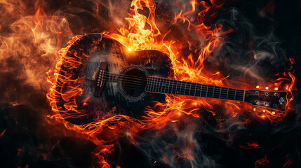 abstract pattern with a guitar on fire, hot music concept. Wall Art Design for Home Decor, 4K Wallpaper and Background for Computer, Smartphone, Cellphone, Mobile Cell Phone, desktop, laptop, Tablet
