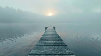 Serene lake sunrise with misty pier