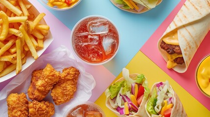 A colorful assortment of fast food items including fries, chicken, wraps, salad, and soda on a vibrant background. © Suryani
