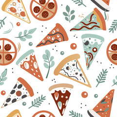 pizza surrounded by seasonings on a white background pattern
