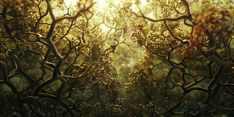 The Fractal Forest: A dense, intricate pattern of branches and leaves, stretching off into the distance, bathed in soft, warm light