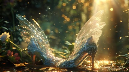 A pair of magical shoes that grant the wearer the ability to fly, glittering in the sunlight,