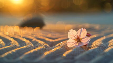 A single flower is on a sandy beach