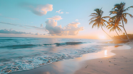Tropical sunset beach with palm trees