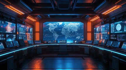 High-Tech Control Room with Screens