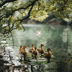 Fototapeta premium Fathers day card mockup, A family of ducks swims in a serene pond, sunlight filtering through the leaves above.