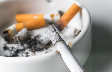 smoked cigarettes in a white ashtray on a white background