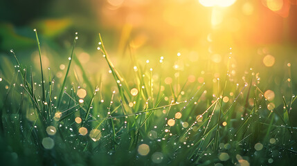 Serene close-up of dewdrops glistening on green grass with warm sunrise light - Powered by Adobe