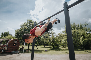 An athletic man engages in intense calisthenics, executing a horizontal hold on a bar in a sunny...