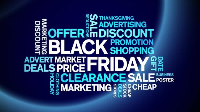 Black Friday animated word cloud;text design animation tag kinetic typography seamless loop.