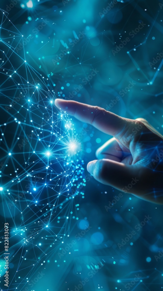 Poster digital technology, internet network connection concept. finger touching on virtual screen with futu