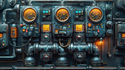 Industrial Background, Close-up of gauges and control panels in an industrial plant, with digital displays and control knobs, showcasing modern technology. Illustration image,