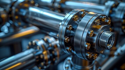 Naklejka premium Industrial Background, Detailed shot of pipe connections and flanges in an industrial setting, showcasing the engineering and maintenance aspects. Illustration image,