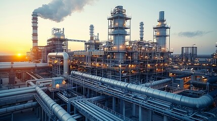 Industrial Background, Exterior view of a factory with a tangle of pipes and ducts, against a backdrop of industrial buildings and smokestacks. Illustration image,