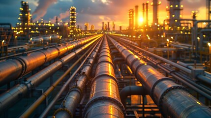 Industrial Background, Industrial factory pipes with a background of machinery and equipment, captured during the golden hour to highlight the warm tones of the setting sun. Illustration image,