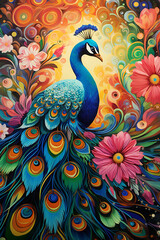 A colorful peacock with a colorful background