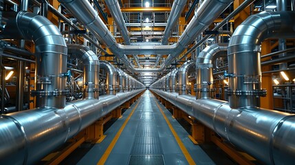 Industrial Background, Interior of a factory with a maze of stainless steel pipes and bright overhead lighting, emphasizing cleanliness and modernity. Illustration image,