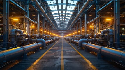 Industrial Background, Interior of an industrial factory with a focus on large pipes and machinery, bathed in natural light from skylights above. Illustration image,