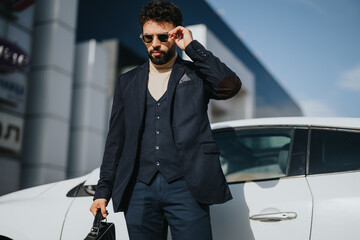 A well-dressed man in a smart casual suit stands confidently beside a white luxury car under the...