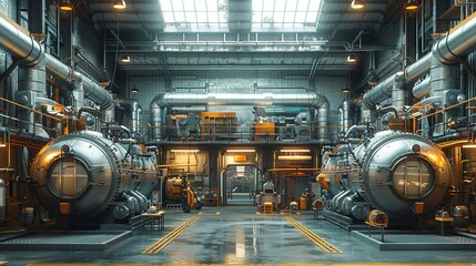 Fototapeta premium Industrial Background, Interior of an industrial factory with a focus on large pipes and machinery, bathed in natural light from skylights above. Illustration image,