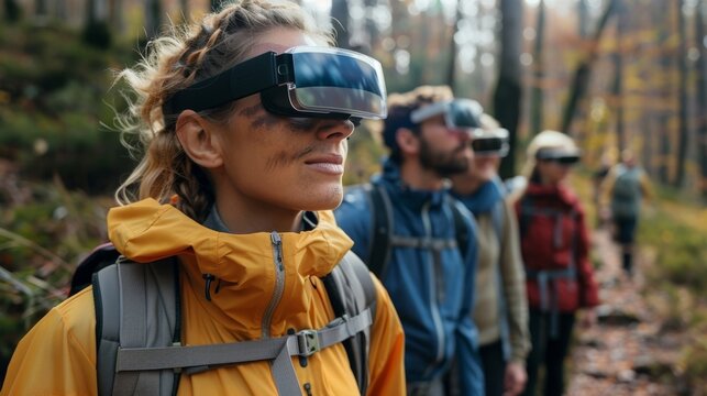 A group of hikers use augmented reality glasses to follow their personal trainer on a virtual hiking trail complete with realistic terrain and challenges. - Powered by Adobe