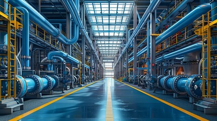 Obraz premium Industrial Background, Interior view of a chemical plant with pipes running along the walls and ceiling, showcasing the organized complexity of the facility. Illustration image,