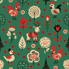 roosters and goats on a green meadow with trees pattern
