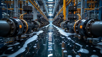 Industrial Background, Pipes and valves in a water treatment plant, with clear labeling and control panels, emphasizing the technical aspects of water management. Illustration image,