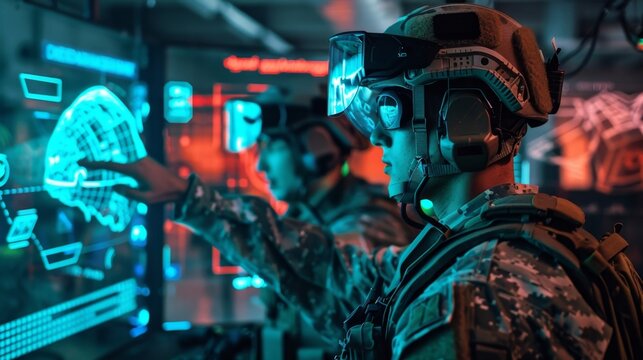 In a dimly lit room a team of soldiers strategize together as they work through a VR military simulation communicating and coordinating their movements.
