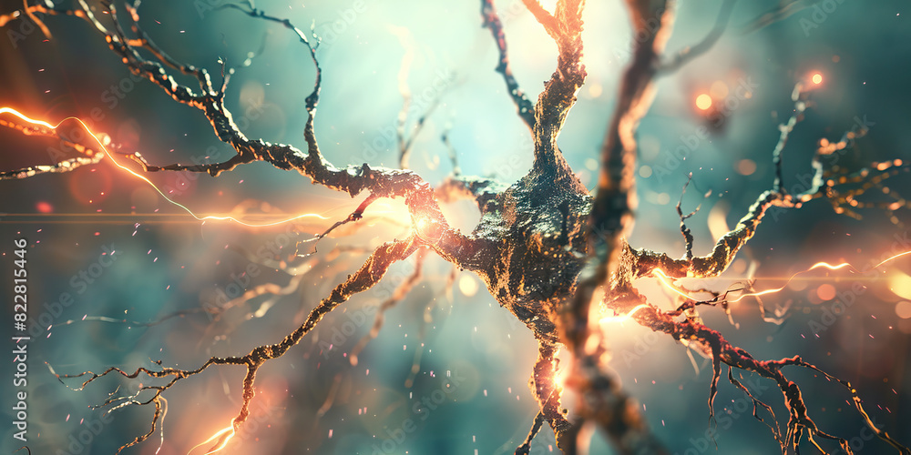 Aufkleber the synaptic symphony: a close-up of a neuron, its branches branching out and intertwining, against 